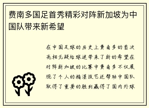 费南多国足首秀精彩对阵新加坡为中国队带来新希望